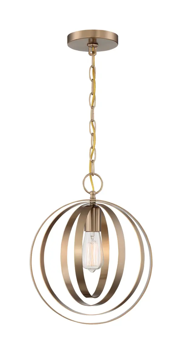 The Pendleton pendant features a distinctive concentric circular band design in burnished brass, creating visual interest while maintaining a compact 12-inch profile. Perfect for single installation or grouped arrangements over islands and counters. - alternate view
