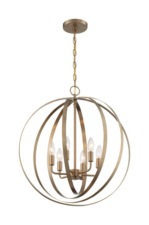 The Pendleton pendant combines geometric sophistication with industrial warmth. Its 22-inch orb design features four concentric circular bands surrounding six candelabra lights, creating dramatic visual interest and versatile lighting.