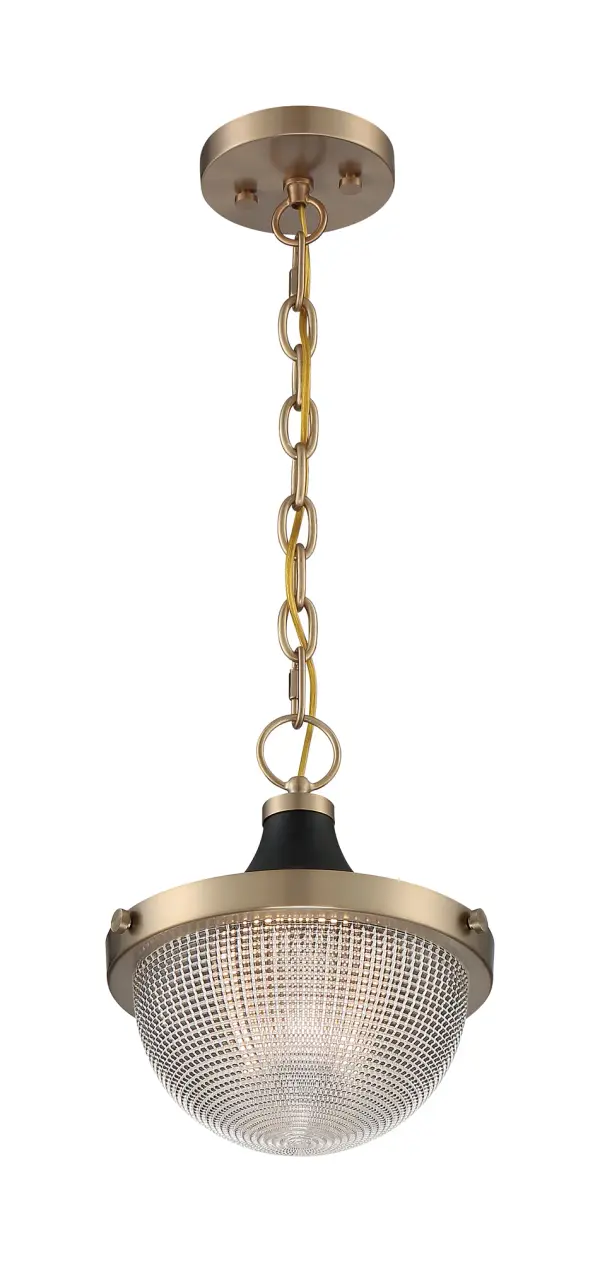 The Faro small pendant blends retro industrial design with modern functionality. Its burnished brass and matte black finish combination creates authentic vintage appeal, while clear prismatic glass diffuses light beautifully. Compact at 10 inches wide, it works solo or in multiples for dramatic impact.