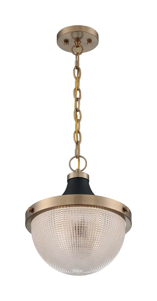 The Faro Large Pendant blends retro industrial design with contemporary functionality. Its burnished brass and matte black finish combination creates authentic vintage appeal, while clear prismatic glass provides beautiful light diffusion.