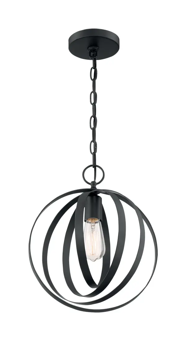 The Pendleton pendant features four concentric circular bands creating a striking 12-inch orb design. Its matte black finish and cage-style construction pair beautifully with Edison-style bulbs for authentic industrial charm. - alternate view