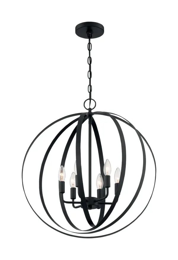 The Pendleton brings industrial charm with its 22-inch orb design featuring concentric circular bands and six candelabra lights. Perfect as a statement piece or grouped for dramatic effect over islands and counters.
