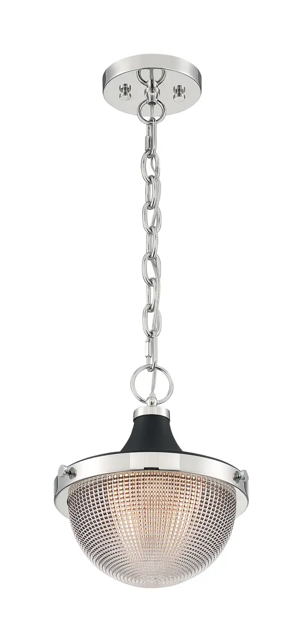 The Faro small pendant blends retro industrial style with modern versatility. Its polished nickel and matte black finish combination creates visual interest, while the clear prismatic glass diffuses light beautifully. Compact at 10 inches wide, it works solo or in multiples. - alternate view
