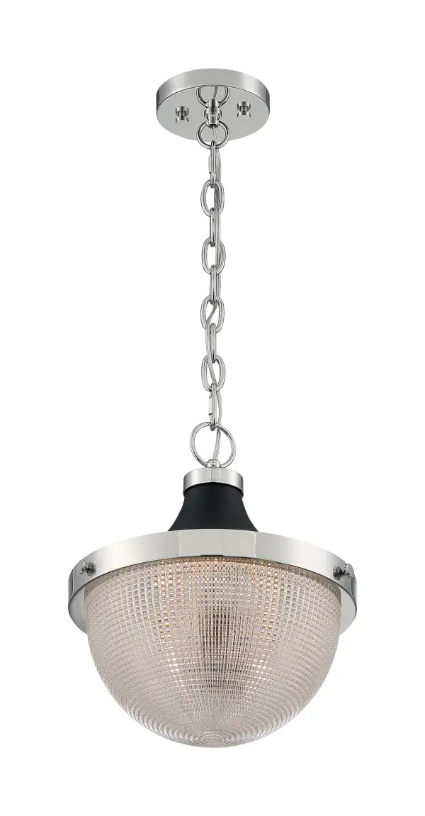 The Faro Large Pendant combines retro industrial charm with contemporary finishes. Its polished nickel and matte black pairing creates visual interest, while the prismatic glass diffuses light beautifully for ambient illumination. - alternate view