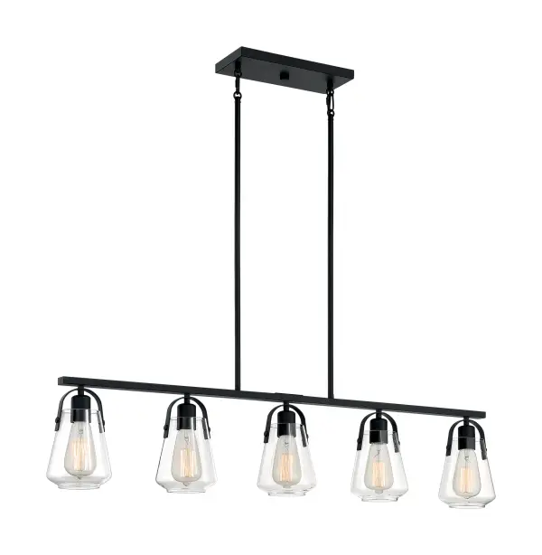 The Skybridge combines clean geometric lines with bright clear glass shades in a sophisticated matte black finish. Its 42-inch linear design makes it ideal for kitchen islands and dining tables, offering both style and function.