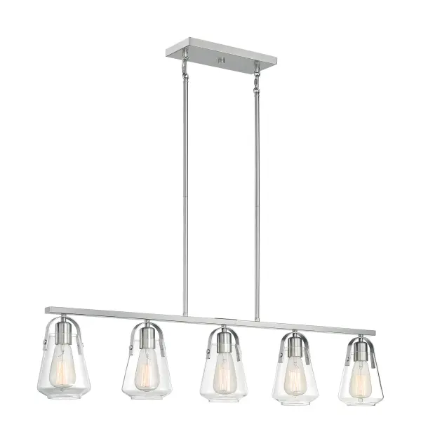 The Skybridge island pendant combines contemporary geometric lines with classic clear glass goblet shades. Its 42-inch linear design and brushed nickel finish make it perfect for modern kitchens and dining spaces seeking clean, sophisticated lighting. - alternate view