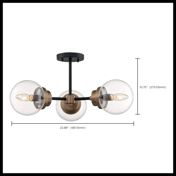 Axis 3-Light Semi-Flush Mount in Matte Black with Brass Accents - Image 5