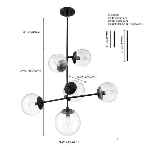 Sky 6-Light Modern Pendant Chandelier in Matte Black with Clear Glass - Image 5