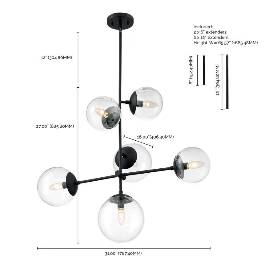 Sky 6-Light Modern Pendant Chandelier in Matte Black with Clear Glass - Image 5