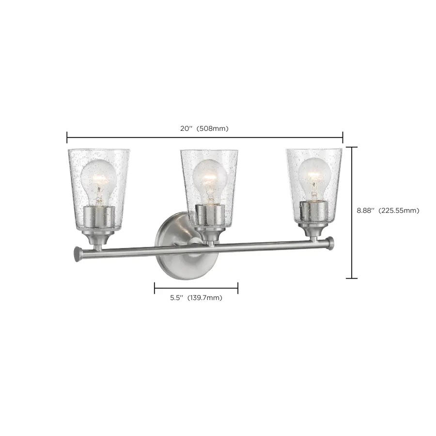Bransel 3-Light Vanity Fixture in Brushed Nickel with Clear Seeded Glass - Image 5