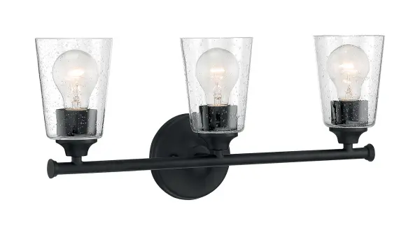 Bransel 3-Light Vanity Fixture in Matte Black with Clear Seeded Glass - Image 1
