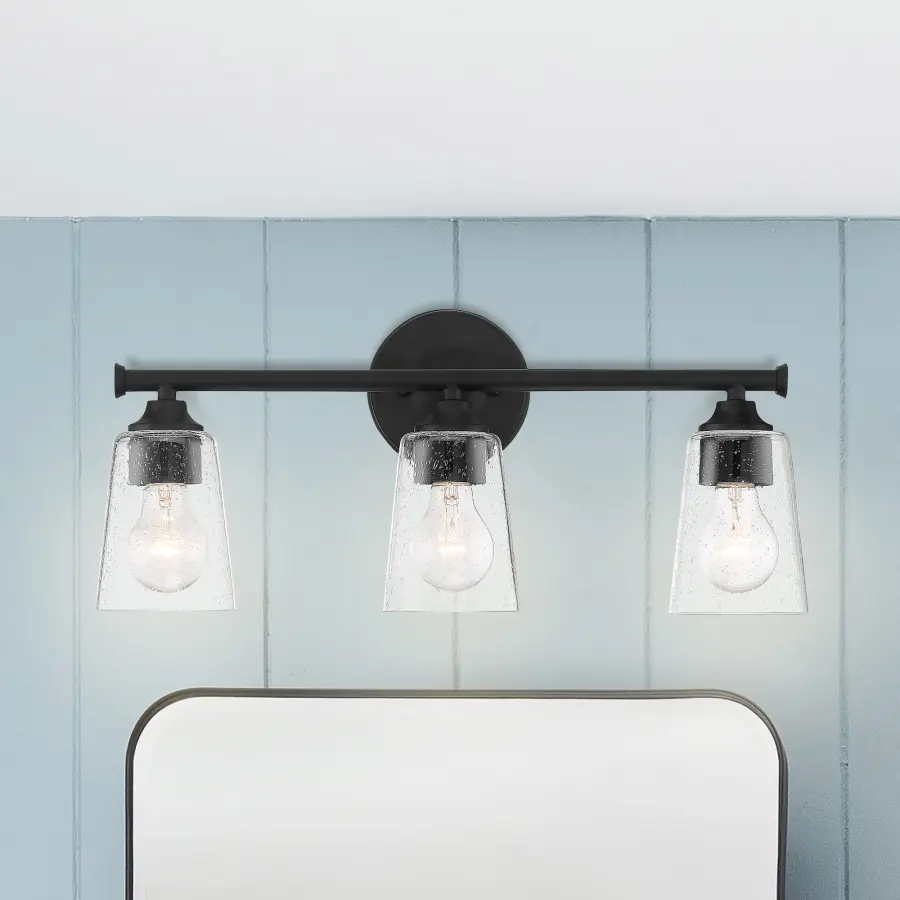 Bransel 3-Light Vanity Fixture in Matte Black with Clear Seeded Glass - Image 7