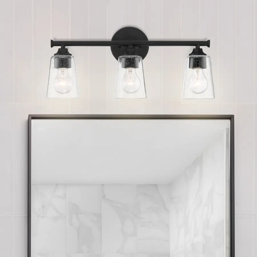 Bransel 3-Light Vanity Fixture in Matte Black with Clear Seeded Glass - Image 9