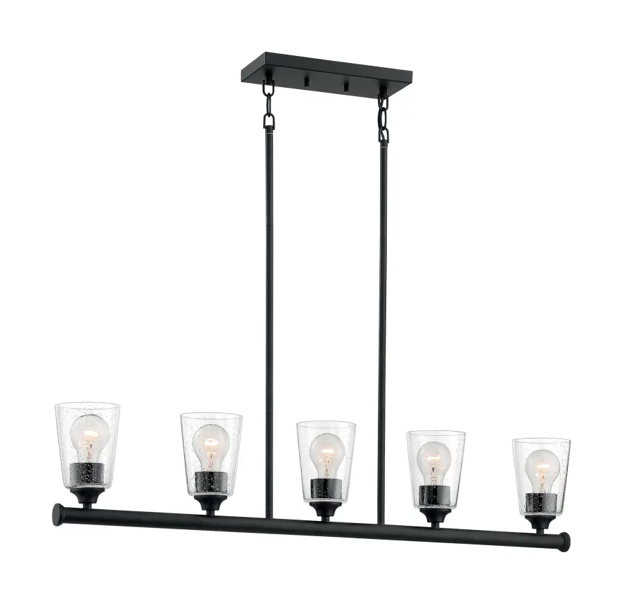 Bransel 5-Light Island Pendant in Matte Black with Clear Seeded Glass - Image 2