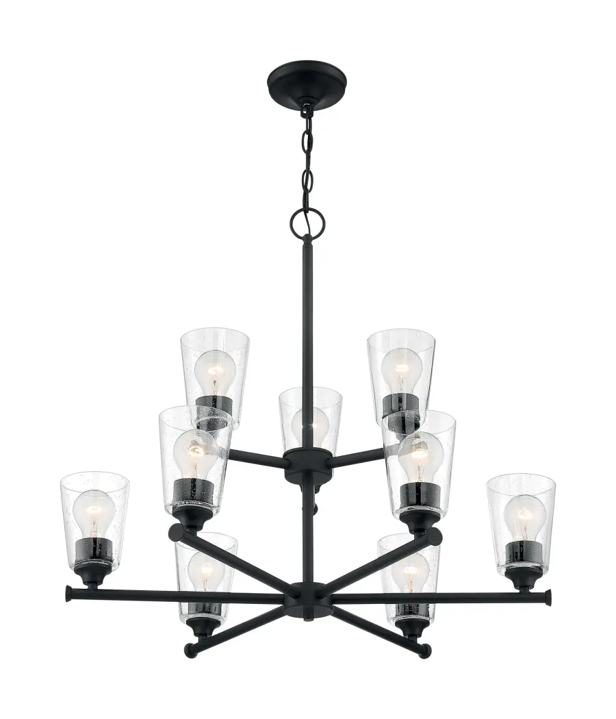 Bransel 9-Light Two-Tier Chandelier in Matte Black with Clear Seeded Glass - Image 1