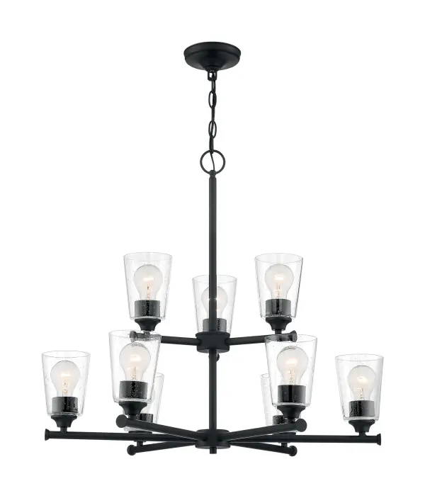 Bransel 9-Light Two-Tier Chandelier in Matte Black with Clear Seeded Glass - Image 3