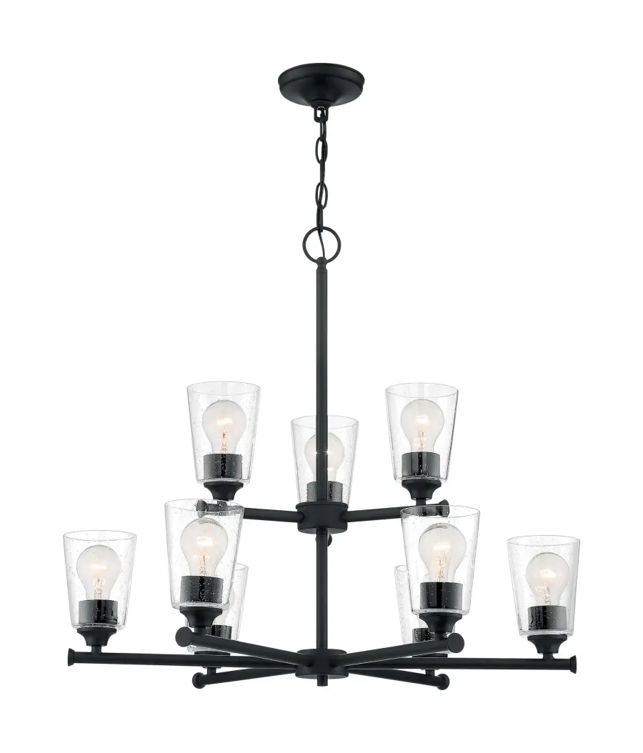 Bransel 9-Light Two-Tier Chandelier in Matte Black with Clear Seeded Glass - Image 3