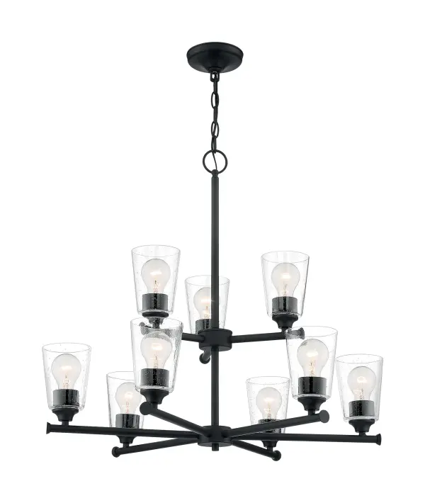 Bransel 9-Light Two-Tier Chandelier in Matte Black with Clear Seeded Glass - Image 4