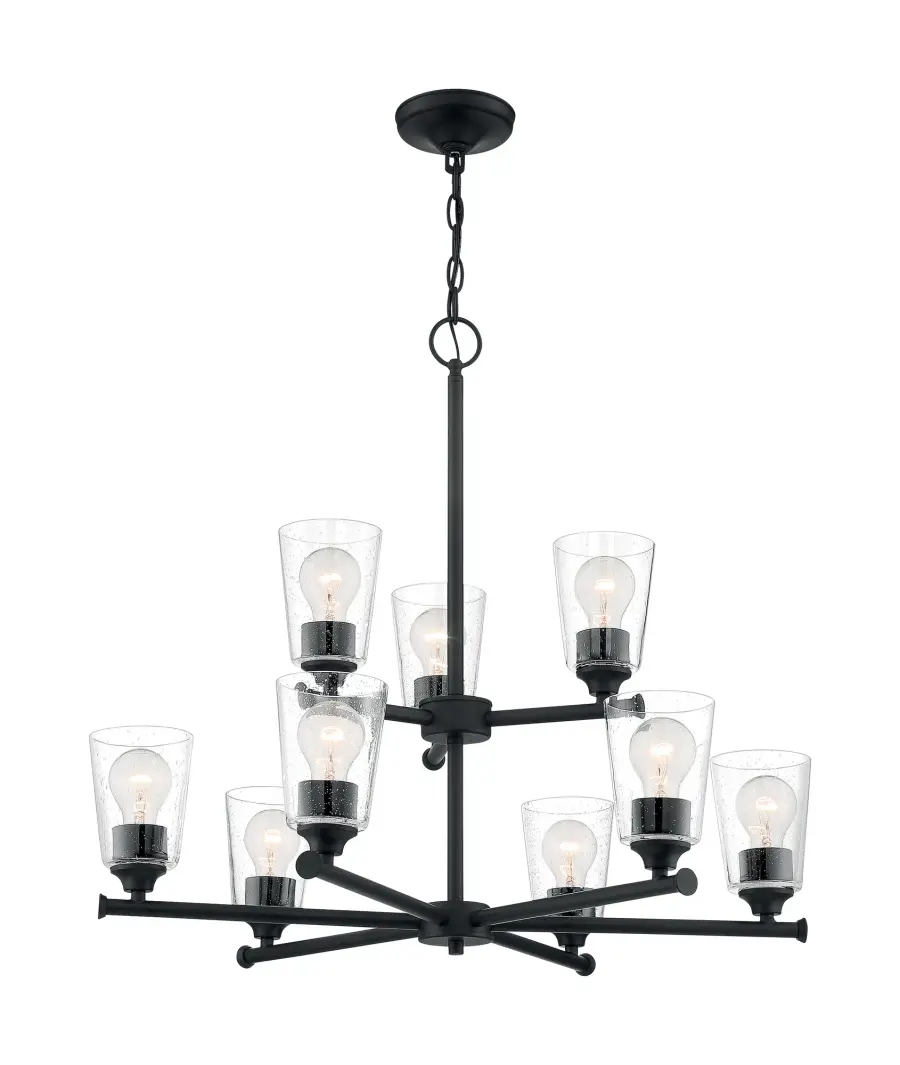 Bransel 9-Light Two-Tier Chandelier in Matte Black with Clear Seeded Glass - Image 4