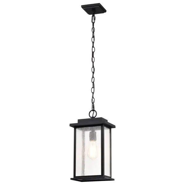 The Sullivan outdoor hanging light delivers no-nonsense styling with a stretched frame design and clear seeded glass. Its matte black finish coordinates effortlessly with any exterior, making it ideal for straightforward outdoor lighting projects.