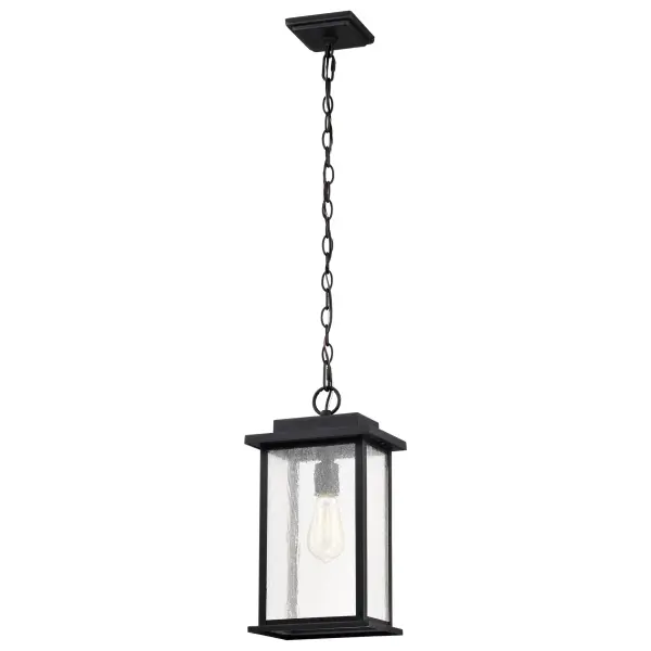 The Sullivan outdoor hanging light delivers no-nonsense styling with a stretched frame design and clear seeded glass. Its matte black finish coordinates effortlessly with any exterior, making it ideal for straightforward outdoor lighting projects. - alternate view