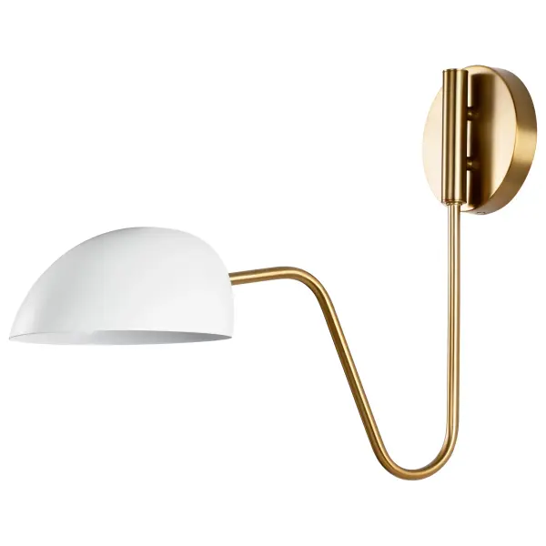 The Trilby wall sconce combines functionality with style, featuring an adjustable swing arm ideal for reading nooks and workspaces. Its matte white half-bowl shade with reflective interior maximizes light output, while the burnished brass finish adds warmth.