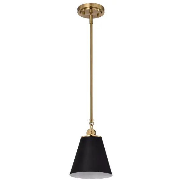 The Dover pendant combines understated elegance with practical design. Its black shade features a white interior lining for optimal light reflection, while vintage brass trim adds warmth and character. Perfect for multiples over islands or as bedside fixtures.