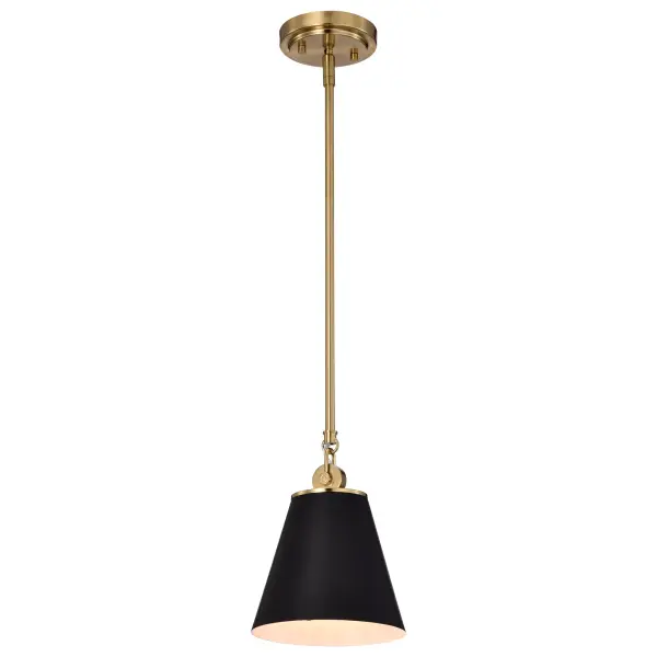 The Dover pendant combines understated elegance with practical design. Its black shade features a white interior lining for optimal light reflection, while vintage brass trim adds warmth and character. Perfect for multiples over islands or as bedside fixtures. - alternate view