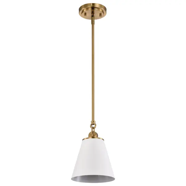 The Dover pendant combines timeless elegance with practical versatility. Its white shade with matching lining provides excellent light reflection, while vintage brass trim adds warmth and character. Perfect for multiples over islands or as bedside fixtures.