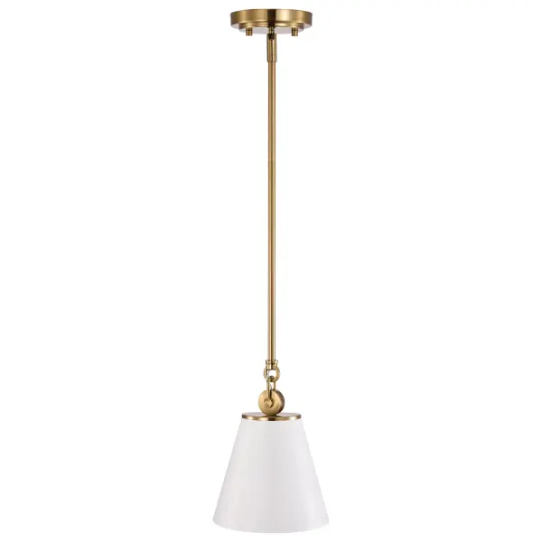 The Dover pendant combines timeless elegance with practical versatility. Its white shade with matching lining provides excellent light reflection, while vintage brass trim adds warmth and character. Perfect for multiples over islands or as bedside fixtures. - alternate view