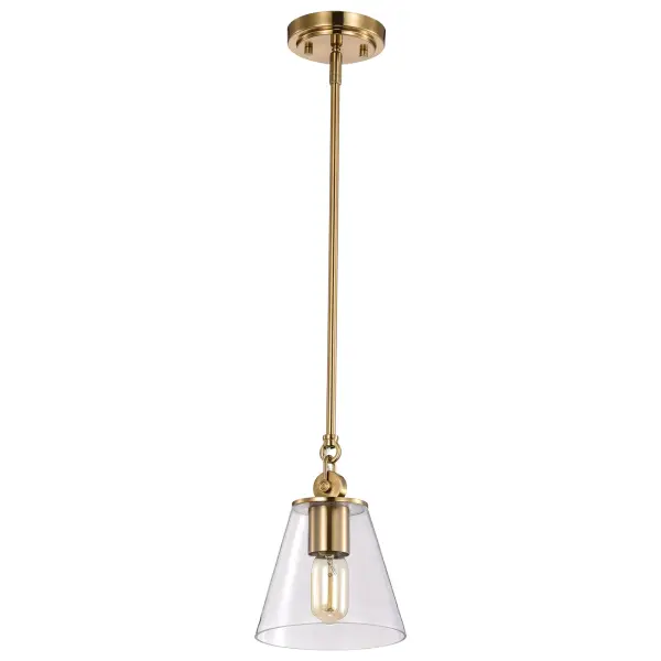 The Dover pendant combines vintage brass detailing with clear glass for understated elegance. Its compact size makes it perfect for multiples over kitchen islands or as bedside pendants, offering versatile lighting solutions.