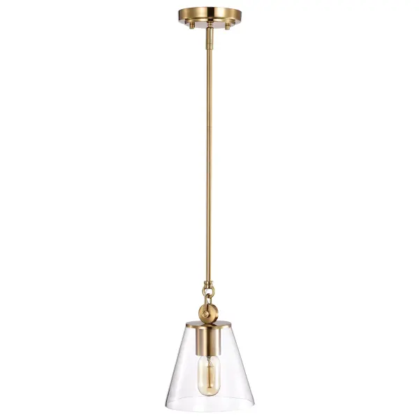 The Dover pendant combines vintage brass detailing with clear glass for understated elegance. Its compact size makes it perfect for multiples over kitchen islands or as bedside pendants, offering versatile lighting solutions. - alternate view