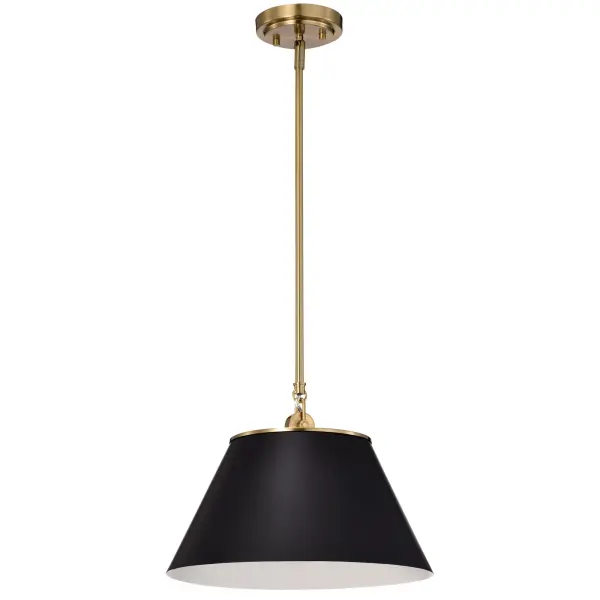 The Dover medium pendant combines understated elegance with practical design. Its black exterior and white interior lining maximize light reflection, while vintage brass accents add warmth and character to any space.