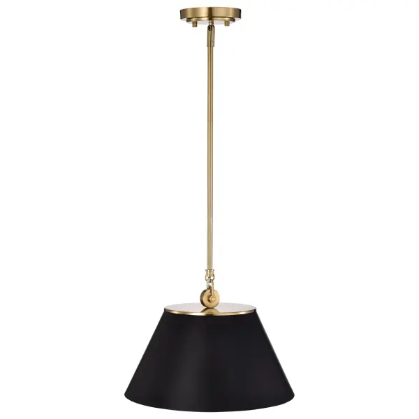 The Dover medium pendant combines understated elegance with practical design. Its black exterior and white interior lining maximize light reflection, while vintage brass accents add warmth and character to any space. - alternate view