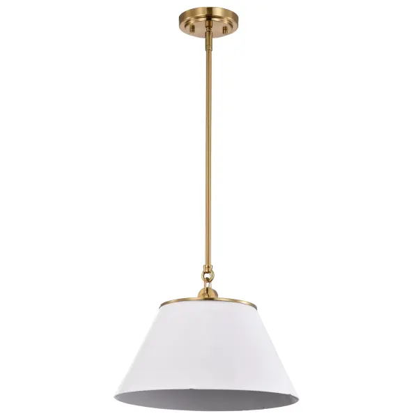 The Dover medium pendant combines classic simplicity with subtle elegance. Its white shade with matching lining provides excellent light reflection, while vintage brass accents add warmth and character. Perfect for multiples over islands or as bedside lighting.