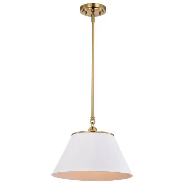 The Dover medium pendant combines classic simplicity with subtle elegance. Its white shade with matching lining provides excellent light reflection, while vintage brass accents add warmth and character. Perfect for multiples over islands or as bedside lighting. - alternate view