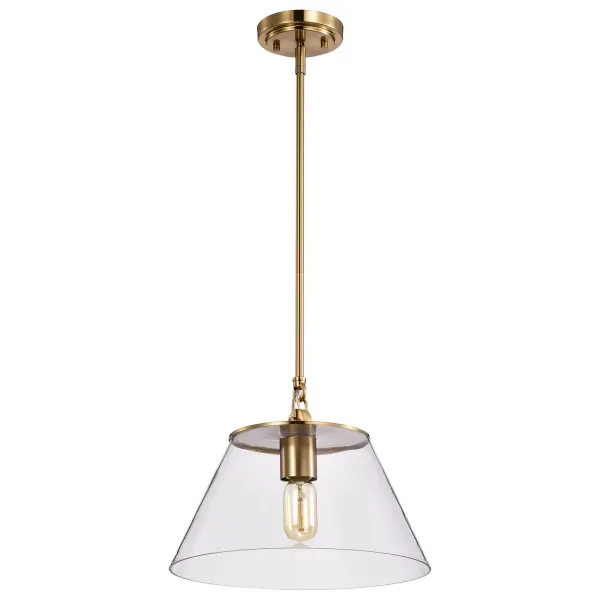 The Dover pendant combines classic clear glass with warm vintage brass trim for a versatile look that works in traditional and contemporary spaces. Its medium size makes it perfect for kitchen islands or bedroom nightstands.