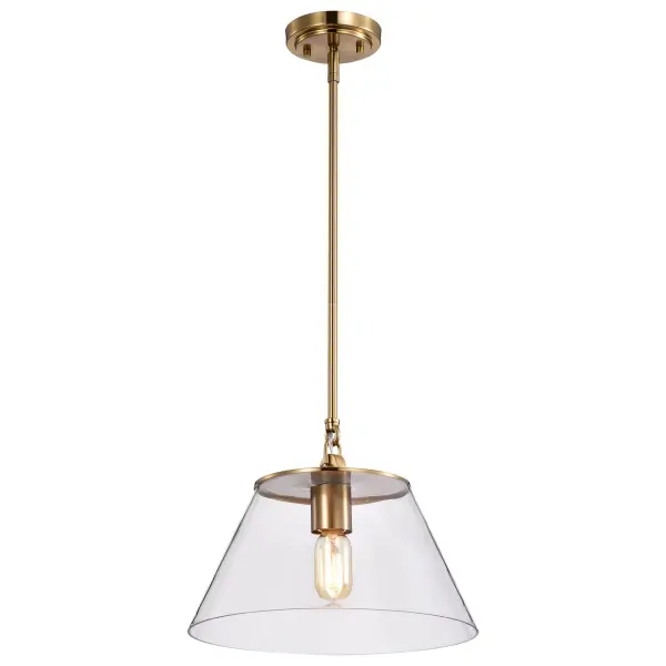 The Dover pendant combines classic clear glass with warm vintage brass trim for a versatile look that works in traditional and contemporary spaces. Its medium size makes it perfect for kitchen islands or bedroom nightstands. - alternate view