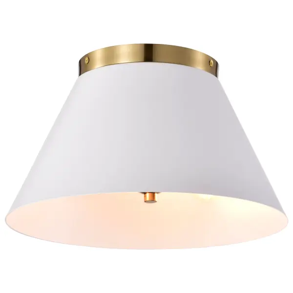 The Dover flush mount combines a clean white drum shade with vintage brass trim for understated elegance. Perfect for low-ceiling spaces like hallways, kitchens, and bedrooms where you need functional light with classic style. - alternate view