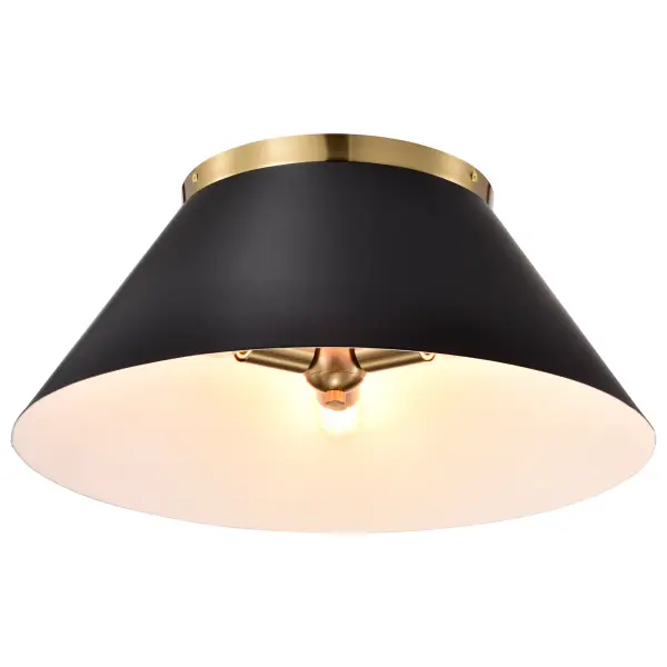 The Dover flush mount combines understated elegance with practical lighting. Its black shade with white interior maximizes light reflection, while vintage brass trim adds warmth and character to any space. - alternate view