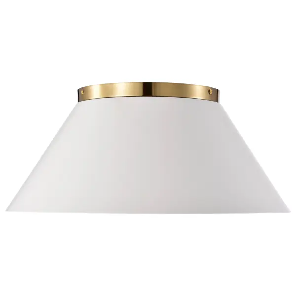 The Dover flush mount combines a clean white drum shade with vintage brass accents for understated elegance. Perfect for spaces needing ambient light without sacrificing ceiling height. - alternate view