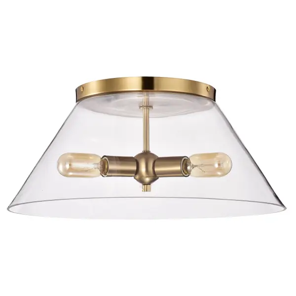 The Dover flush mount combines vintage brass detailing with clear glass for a graceful, unassuming look. Perfect for eat-in kitchens, hallways, or entryways where you need reliable overhead lighting without sacrificing style. - alternate view