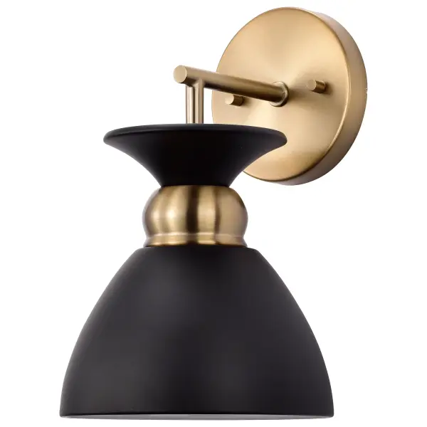 The Perkins wall sconce combines matte black and burnished brass in a sophisticated dome design. Its white interior maximizes light reflection while the decorative brass band adds visual interest. Ideal for bathroom vanities and entryways.