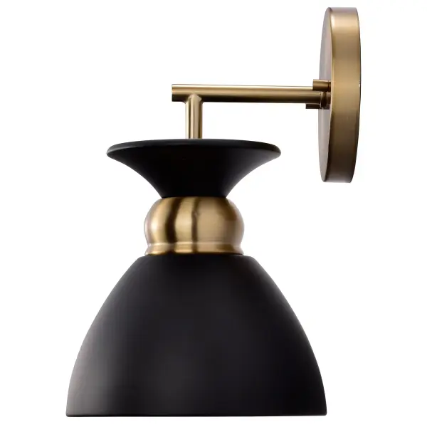 The Perkins wall sconce combines matte black and burnished brass in a sophisticated dome design. Its white interior maximizes light reflection while the decorative brass band adds visual interest. Ideal for bathroom vanities and entryways. - alternate view