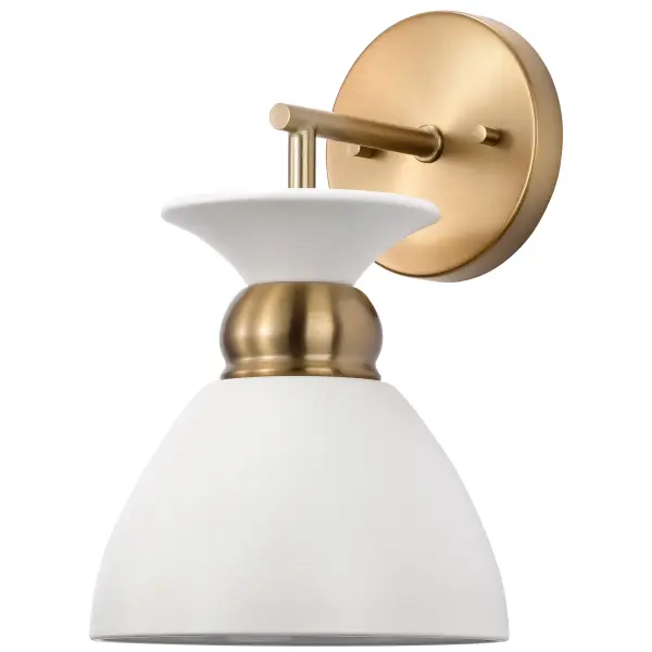 The Perkins wall sconce combines understated elegance with functional design. Its shallow dome shade features a decorative burnished brass band that creates visual interest, while the matte white finish offers versatility.