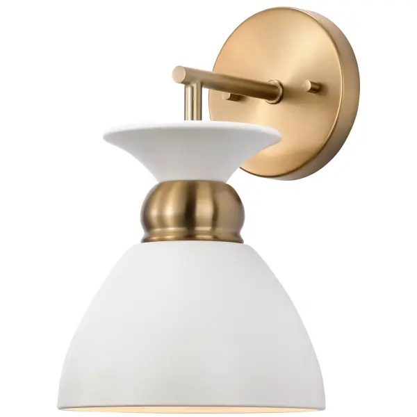 The Perkins wall sconce combines understated elegance with functional design. Its shallow dome shade features a decorative burnished brass band that creates visual interest, while the matte white finish offers versatility. - alternate view