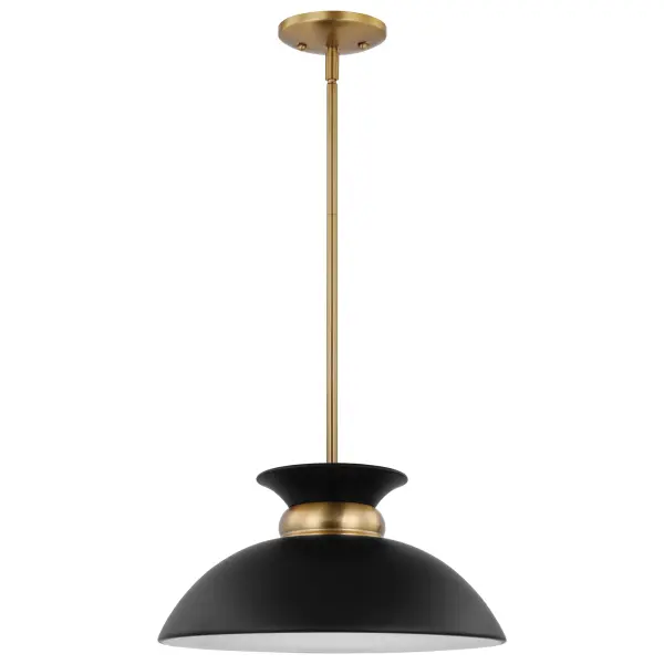 The Perkins small pendant combines understated design with refined details. Its shallow dome shade features a decorative burnished brass band that creates visual interest, while the matte black exterior and white interior deliver both style and function.