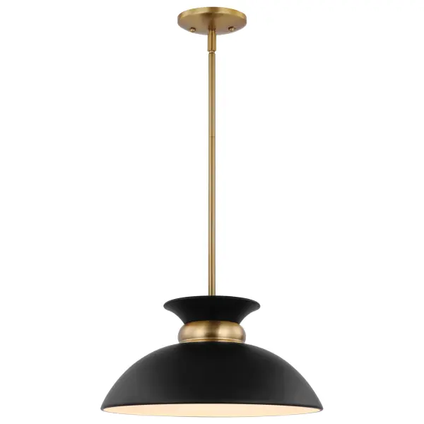 The Perkins small pendant combines understated design with refined details. Its shallow dome shade features a decorative burnished brass band that creates visual interest, while the matte black exterior and white interior deliver both style and function. - alternate view