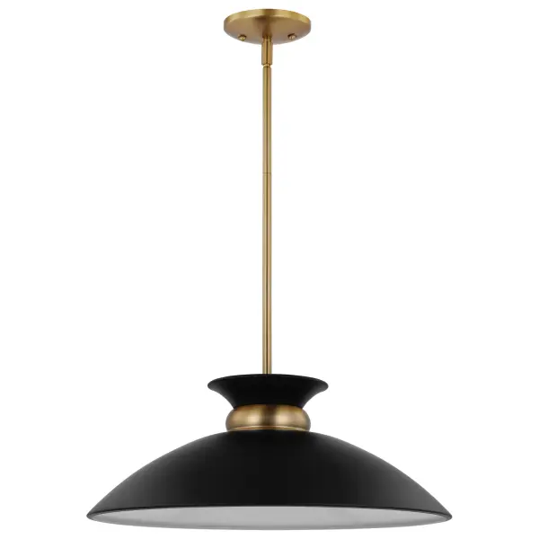 The Perkins pendant combines understated elegance with eye-catching detail through its matte black dome shade accented by a burnished brass band. The white interior maximizes light output while the swirling skirt design adds visual interest.