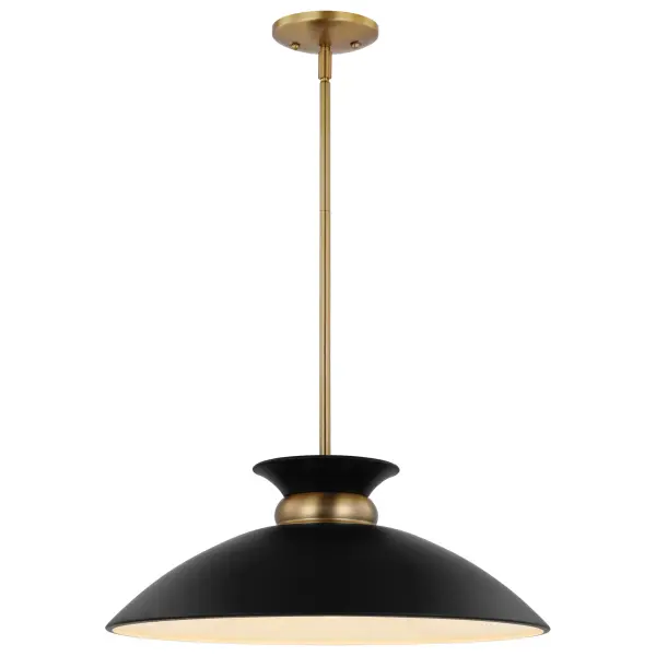 The Perkins pendant combines understated elegance with eye-catching detail through its matte black dome shade accented by a burnished brass band. The white interior maximizes light output while the swirling skirt design adds visual interest. - alternate view